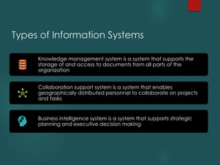 Types of Information Systems
Knowledge management system is a system that supports the
storage of and access to documents from all parts of the
organization
Collaboration support system is a system that enables
geographically distributed personnel to collaborate on projects
and tasks
Business intelligence system is a system that supports strategic
planning and executive decision making
 