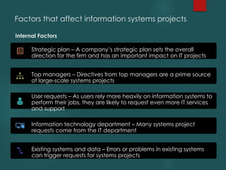 Internal Factors
Strategic plan – A company’s strategic plan sets the overall
direction for the firm and has an important impact on IT projects
Top managers – Directives from top managers are a prime source
of large-scale systems projects
User requests – As users rely more heavily on information systems to
perform their jobs, they are likely to request even more IT services
and support
Information technology department – Many systems project
requests come from the IT department
Existing systems and data – Errors or problems in existing systems
can trigger requests for systems projects
Factors that affect information systems projects
 