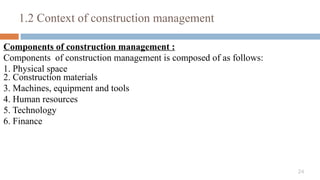 24
1.2 Context of construction management
Components of construction management :
Components of construction management is composed of as follows:
1. Physical space
2. Construction materials
3. Machines, equipment and tools
4. Human resources
5. Technology
6. Finance
 