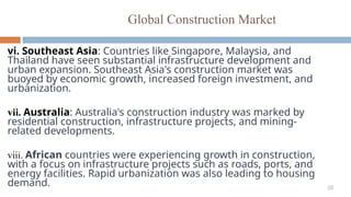 38
Global Construction Market
vi. Southeast Asia: Countries like Singapore, Malaysia, and
Thailand have seen substantial infrastructure development and
urban expansion. Southeast Asia's construction market was
buoyed by economic growth, increased foreign investment, and
urbanization.
vii. Australia: Australia's construction industry was marked by
residential construction, infrastructure projects, and mining-
related developments.
viii. African countries were experiencing growth in construction,
with a focus on infrastructure projects such as roads, ports, and
energy facilities. Rapid urbanization was also leading to housing
demand.
 