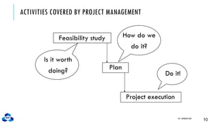ACTIVITIES COVERED BY PROJECT MANAGEMENT
Feasibility study
CH1. INTRODUCTION
10
How do we
do it?
Plan
Project execution
Is it worth
doing? Do it!
 