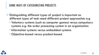 SOME WAYS OF CATEGORIZING PROJECTS
✓ Distinguishing different types of project is important as
different types of task need different project approaches e.g
 Voluntary systems (such as computer games) versus compulsory
systems e.g. the order processing system in an organization
 Information systems versus embedded systems
 Objective-based versus product-based
CH1. INTRODUCTION
17
 
