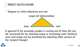PROJECT SUCCESS/FAILURE
✓ Degree to which objectives are met
CH1. INTRODUCTION
26
In general if, for example, project is running out of time, this can
be recovered for by reducing scope or increasing costs. Similarly
costs and scope can be protected by adjusting other corners of
the ‘project triangle’.
scope (of deliverables)
time cost
 