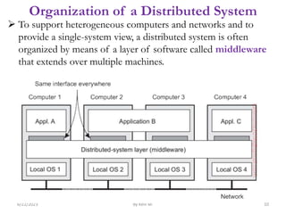 Organization of a Distributed System
 To support heterogeneous computers and networks and to
provide a single-system view, a distributed system is often
organized by means of a layer of software called middleware
that extends over multiple machines.
6/22/2023 By Kelil M. 10
 