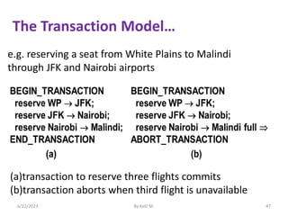 The Transaction Model…
6/22/2023 By Kelil M. 47
e.g. reserving a seat from White Plains to Malindi
through JFK and Nairobi airports
(a)transaction to reserve three flights commits
(b)transaction aborts when third flight is unavailable
 