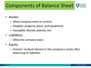 Components of Balance Sheet
• Assets:
– What company owns or control
– Tangible: property, plant, and equipment
– Intangible: Brands, patents, etc.
• Liabilities:
– What the company owes
• Equity
– Owners’ residual interest in the company's assets after
deducting its liabilities
 
