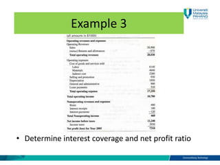 Example 3
• Determine interest coverage and net profit ratio
 