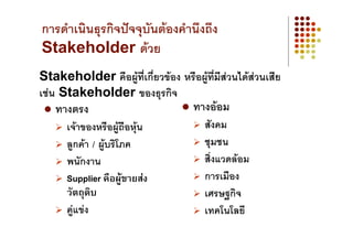 การดําเนินธุรกิจปจจุบันตองคํานึงถึง
Stakeholder ดวย
Stakeholder คือผูที่เกี่ยวของ หรือผูที่มีสวนไดสวนเสีย
                                                    
เชน Stakeholder ของธุรกิจ
   ทางตรง                           ทางออม
      เจาของหรือผูถือหุน            สังคม
      ลูกคา / ผูบริโภค               ชุมชน
      พนักงาน                          สิ่งแวดลอม
      Supplier คือผูขายสง            การเมือง
      วัตถุดบ ิ                        เศรษฐกิจ
      คูแขง                          เทคโนโลยี
 