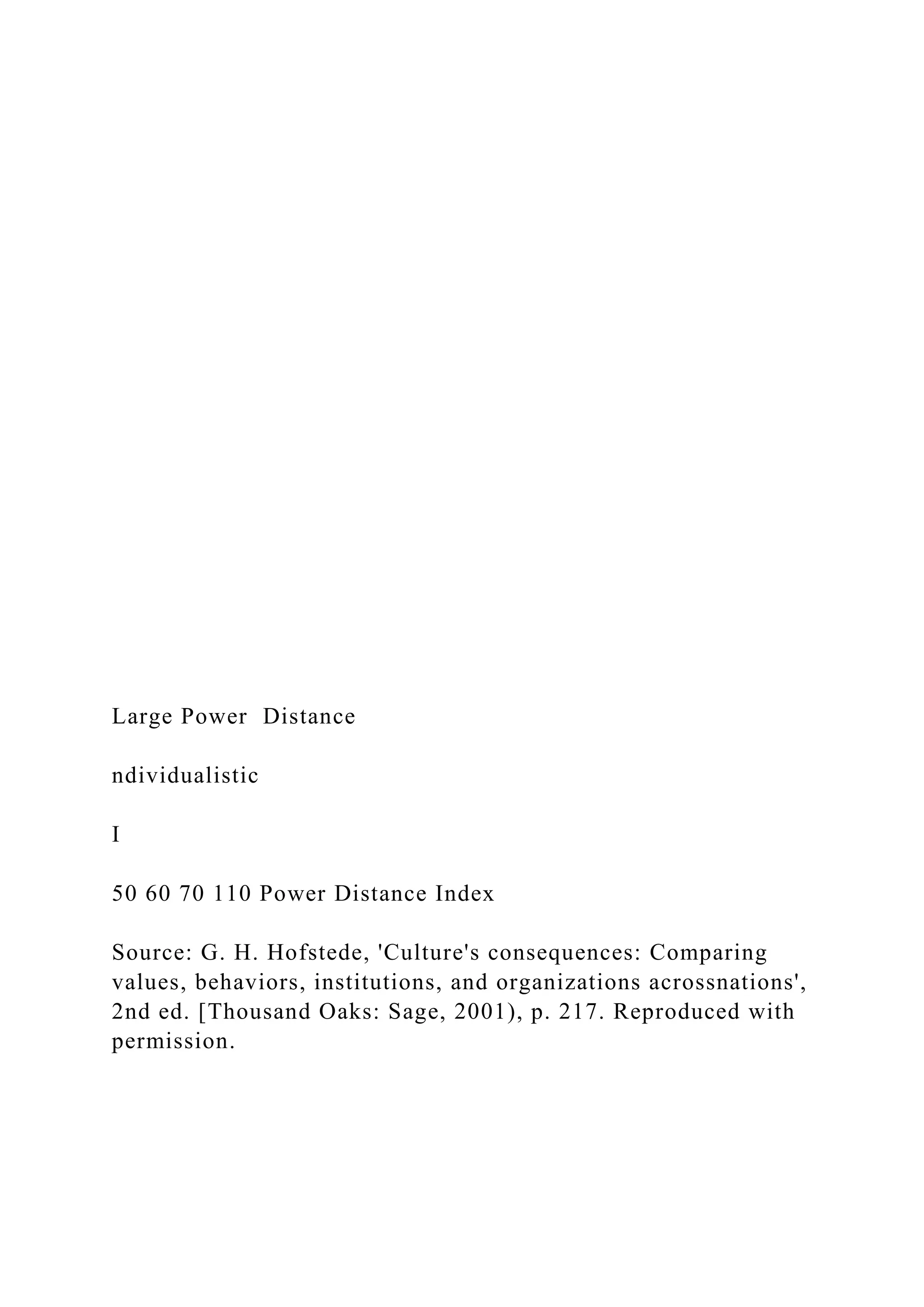 Large Power Distance
ndividualistic
I
50 60 70 110 Power Distance Index
Source: G. H. Hofstede, 'Culture's consequences: Comparing
values, behaviors, institutions, and organizations acrossnations',
2nd ed. [Thousand Oaks: Sage, 2001), p. 217. Reproduced with
permission.
 