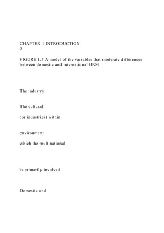 CHAPTER 1 INTRODUCTION
9
FIGURE 1,3 A model of the variables that moderate differences
between domestic and international HRM
The industry
The cultural
(or industries) within
environment
which the multinational
is primarily involved
Domestic and
 