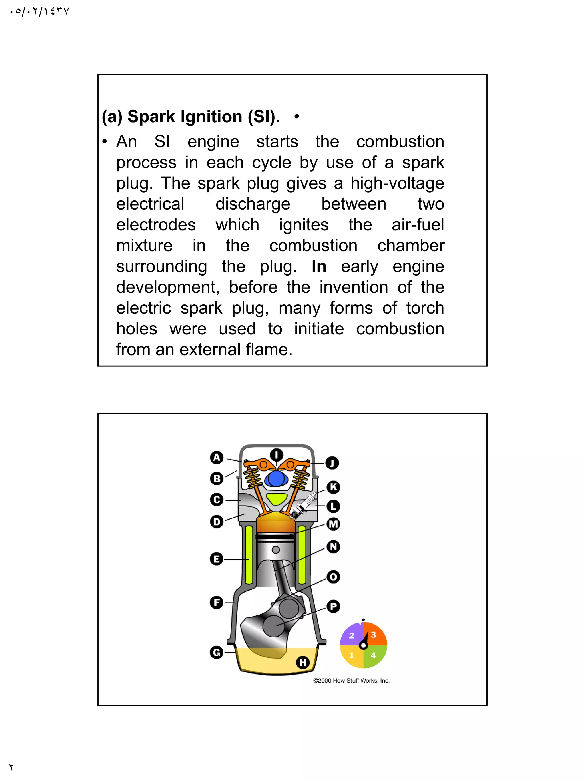 05/02/1437
2
•
(a) Spark Ignition (SI).
• An SI engine starts the combustion
process in each cycle by use of a spark
plug. The spark plug gives a high-voltage
electrical discharge between two
electrodes which ignites the air-fuel
mixture in the combustion chamber
surrounding the plug. In early engine
development, before the invention of the
electric spark plug, many forms of torch
holes were used to initiate combustion
from an external flame.
 