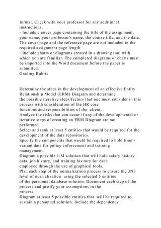 format. Check with your professor for any additional
instructions.
· Include a cover page containing the title of the assignment,
your name, your professor's name, the course title, and the date.
The cover page and the reference page are not included in the
required assignment page length.
· Include charts or diagrams created in a drawing tool with
which you are familiar. The completed diagrams or charts must
be imported into the Word document before the paper is
submitted.
Grading Rubric
Determine the steps in the development of an effective Entity
Relationship Model (ERM) Diagram and determine
the possible iterative steps/factors that one must consider in this
process with consideration of the HR core
functions and responsibilities of the client.
Analyze the risks that can occur if any of the developmental or
iterative steps of creating an ERM Diagram are not
performed.
Select and rank at least 5 entities that would be required for the
development of the data repositories.
Specify the components that would be required to hold time -
variant data for policy enforcement and training
management.
Diagram a possible 1:M solution that will hold salary history
data, job history, and training his tory for each
employee through the use of graphical tools.
Plan each step of the normalization process to ensure the 3NF
level of normalization using the selected 5 entities
of the personnel database solution. Document each step of the
process and justify your assumptions in the
process.
Diagram at least 5 possible entities that will be required to
sustain a personnel solution. Include the dependency
 