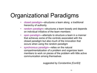 13
• closed paradigm—structures a team along a traditional
hierarchy of authority
• random paradigm—structures a team loosely and depends
on individual initiative of the team members
• open paradigm—attempts to structure a team in a manner
that achieves some of the controls associated with the
closed paradigm but also much of the innovation that
occurs when using the random paradigm
• synchronous paradigm—relies on the natural
compartmentalization of a problem and organizes team
members to work on pieces of the problem with little active
communication among themselves
Organizational Paradigms
suggested by Constantine [Con93]
 