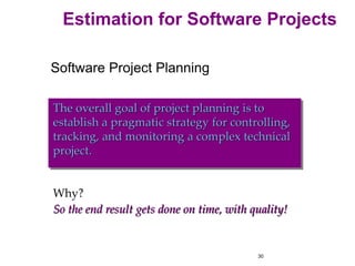 30
Software Project Planning
The overall goal of project planning is to
establish a pragmatic strategy for controlling,
tracking, and monitoring a complex technical
project.
Why?
So the end result gets done on time, with quality!
Estimation for Software Projects
 