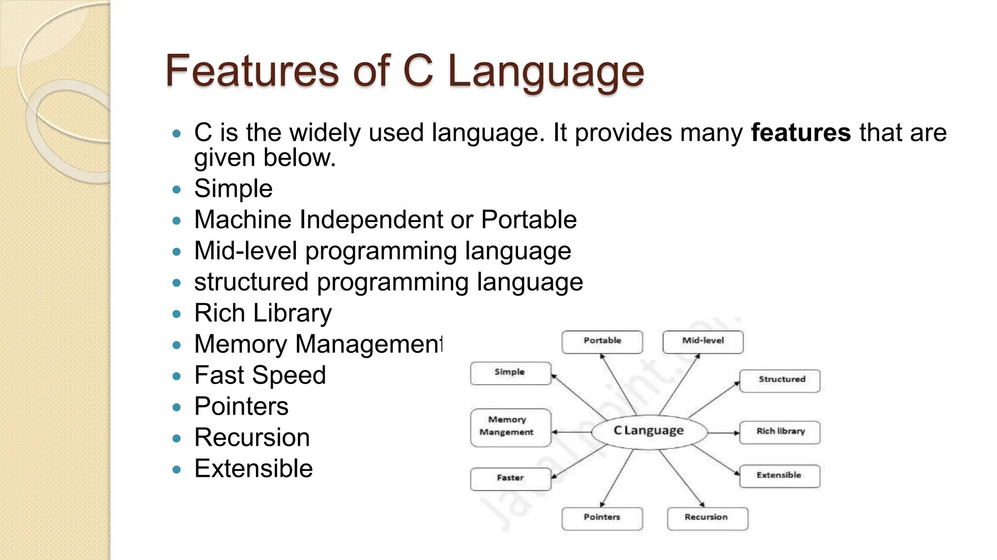 Features of C Language
 C is the widely used language. It provides many features that are
given below.
 Simple
 Machine Independent or Portable
 Mid-level programming language
 structured programming language
 Rich Library
 Memory Management
 Fast Speed
 Pointers
 Recursion
 Extensible
 