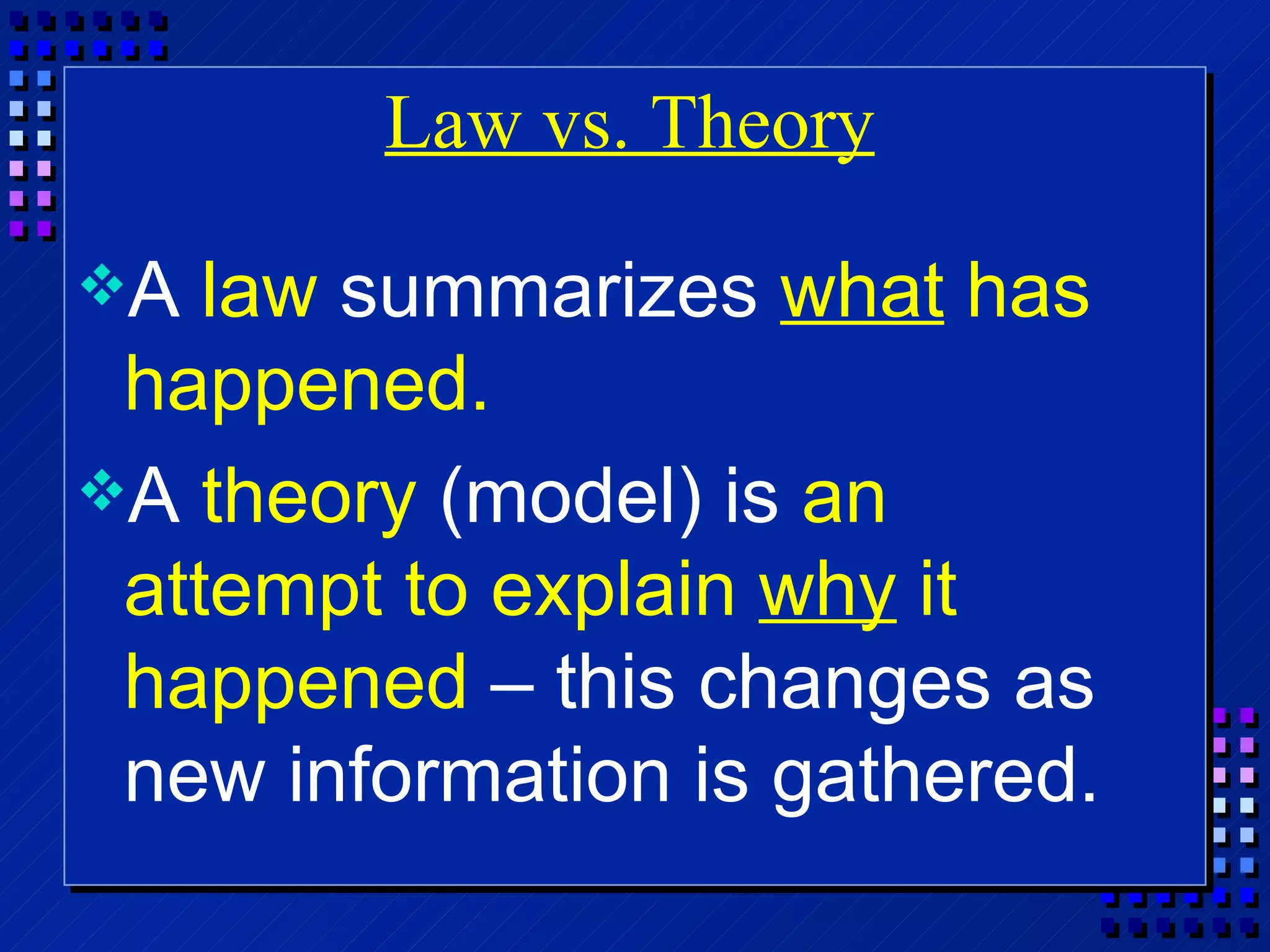 Law vs. Theory A  law  summarizes  what  has happened. A  theory  (model) is  an  attempt to explain  why  it happened  – this changes as  new information is gathered. 
