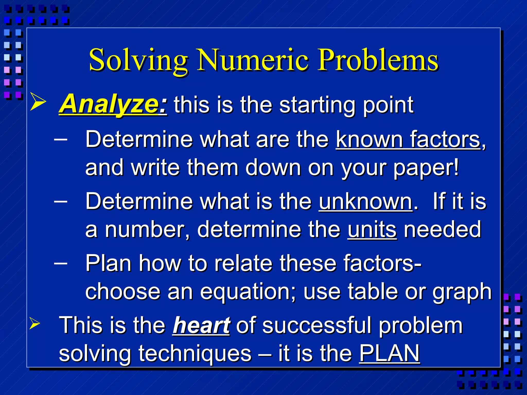 Solving Numeric Problems Analyze :  this is the starting point Determine what are the  known factors , and write them down on your paper! Determine what is the  unknown .  If it is a number, determine the  units  needed Plan how to relate these factors- choose an equation; use table or graph This is the  heart  of successful problem solving techniques – it is the  PLAN 