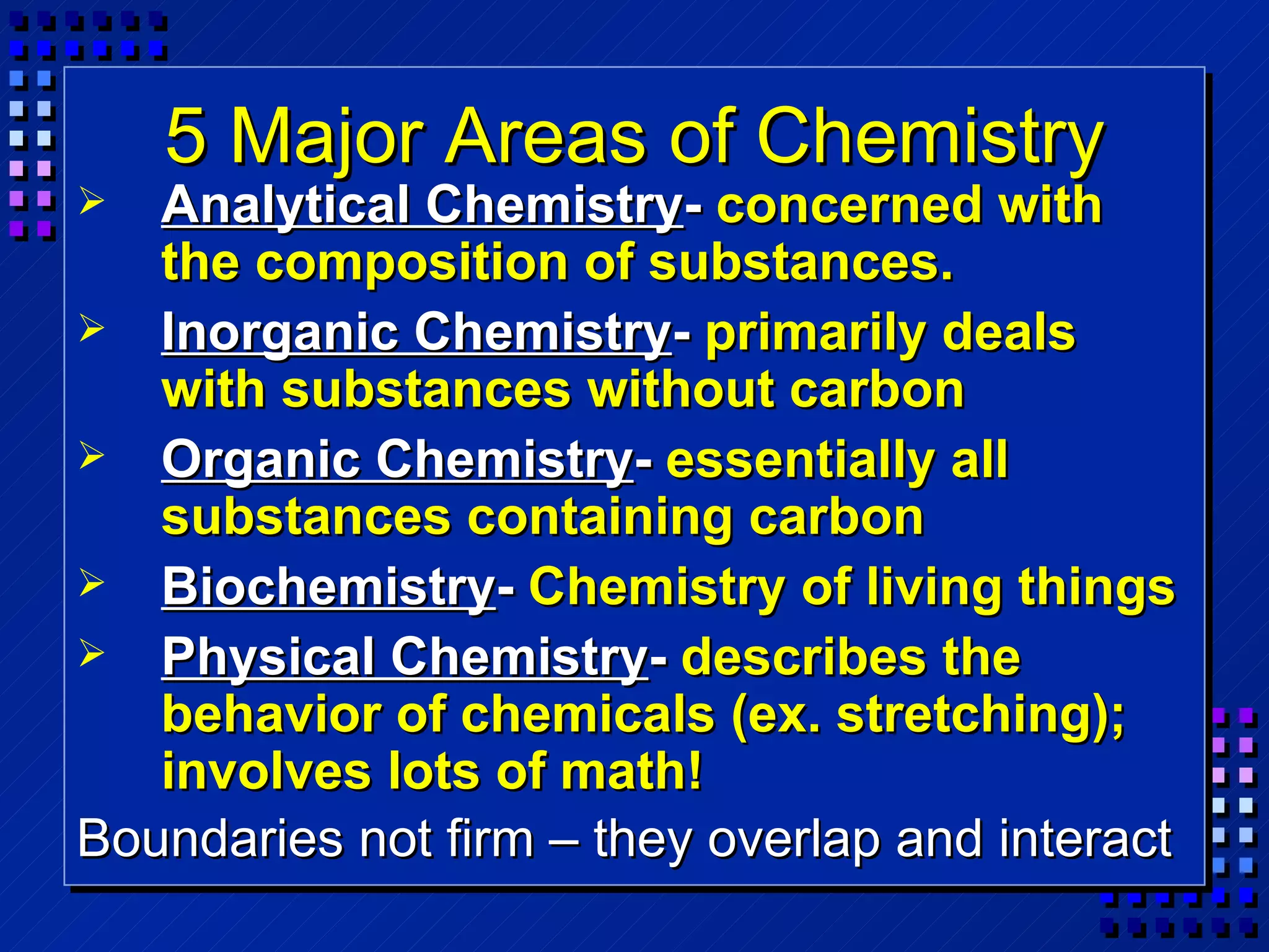 5 Major Areas of Chemistry Analytical Chemistry -  concerned with the composition of substances. Inorganic Chemistry -  primarily deals with substances without carbon Organic Chemistry -  essentially all substances containing carbon Biochemistry -  Chemistry of living things Physical Chemistry -  describes the behavior of chemicals (ex. stretching); involves lots of math! Boundaries not firm – they overlap and interact   
