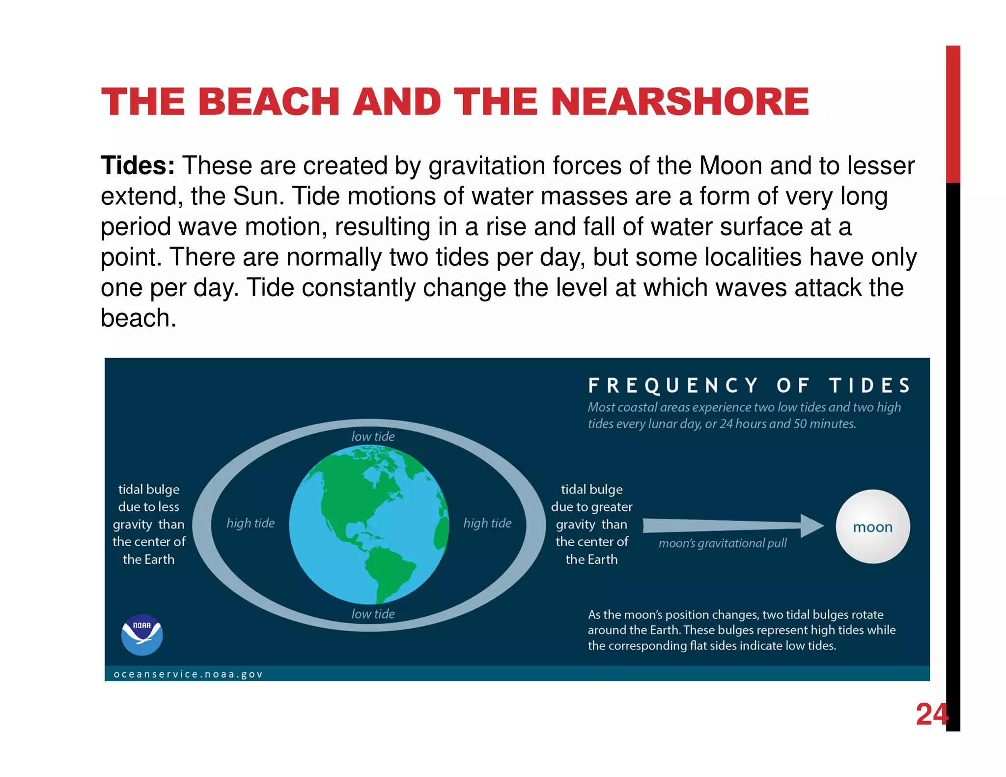 THE BEACH AND THE NEARSHORE
Tides: These are created by gravitation forces of the Moon and to lesser
extend, the Sun. Tide motions of water masses are a form of very long
period wave motion, resulting in a rise and fall of water surface at a
point. There are normally two tides per day, but some localities have only
one per day. Tide constantly change the level at which waves attack the
beach.
24
 