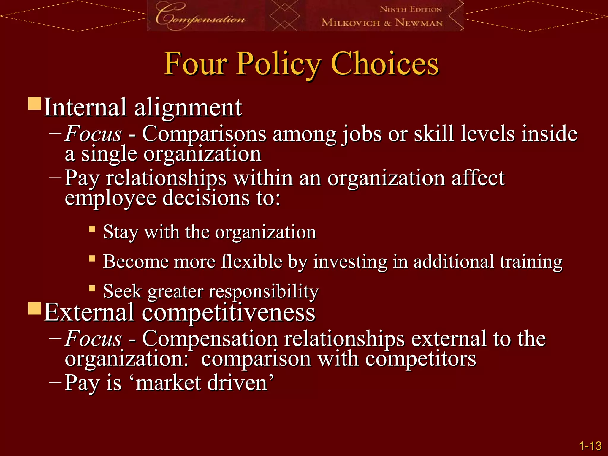 1-
1-13
13
Internal alignment
Internal alignment
– Focus
Focus - Comparisons among jobs or skill levels inside
- Comparisons among jobs or skill levels inside
a single organization
a single organization
– Pay relationships within an organization affect
Pay relationships within an organization affect
employee decisions to:
employee decisions to:
 Stay with the organization
Stay with the organization
 Become more flexible by investing in additional training
Become more flexible by investing in additional training
 Seek greater responsibility
Seek greater responsibility
External competitiveness
External competitiveness
– Focus
Focus - Compensation relationships external to the
- Compensation relationships external to the
organization: comparison with competitors
organization: comparison with competitors
– Pay is ‘market driven’
Pay is ‘market driven’
Four Policy Choices
Four Policy Choices
 