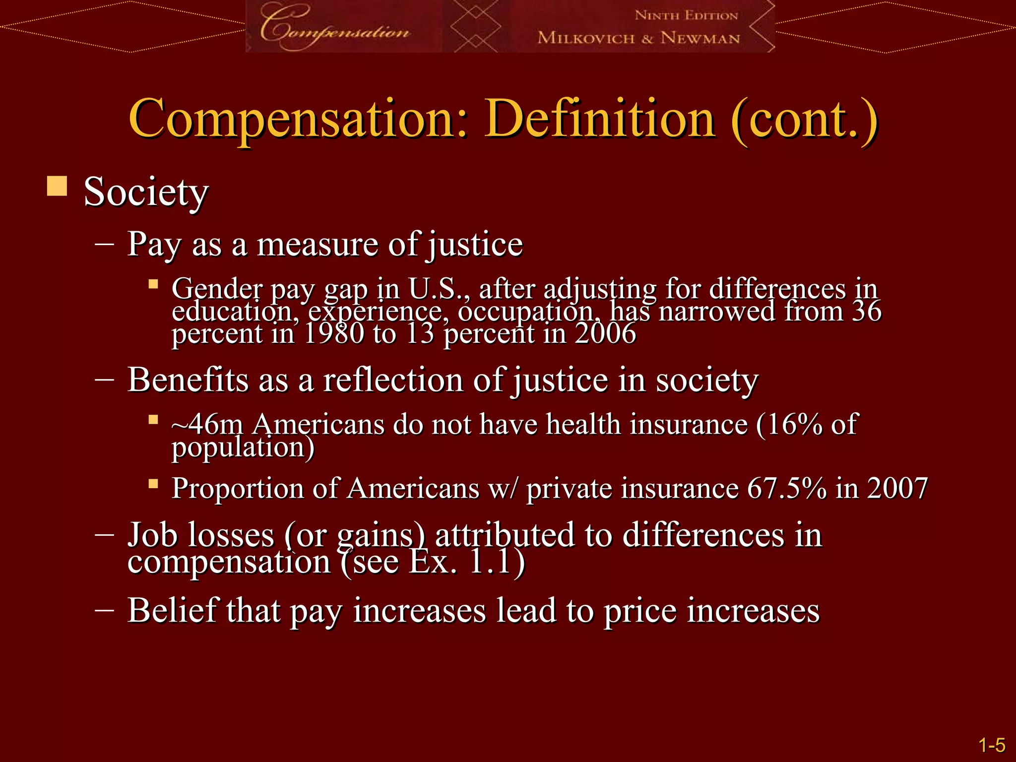 1-
1-5
5
Compensation: Definition (cont.)
Compensation: Definition (cont.)
 Society
Society
– Pay as a measure of justice
Pay as a measure of justice
 Gender pay gap in U.S., after adjusting for differences in
Gender pay gap in U.S., after adjusting for differences in
education, experience, occupation, has narrowed from 36
education, experience, occupation, has narrowed from 36
percent in 1980 to 13 percent in 2006
percent in 1980 to 13 percent in 2006
– Benefits as a reflection of justice in society
Benefits as a reflection of justice in society
 ~46m Americans do not have health insurance (16% of
~46m Americans do not have health insurance (16% of
population)
population)
 Proportion of Americans w/ private insurance 67.5% in 2007
Proportion of Americans w/ private insurance 67.5% in 2007
– Job losses (or gains) attributed to differences in
Job losses (or gains) attributed to differences in
compensation (see Ex. 1.1)
compensation (see Ex. 1.1)
– Belief that pay increases lead to price increases
Belief that pay increases lead to price increases
 