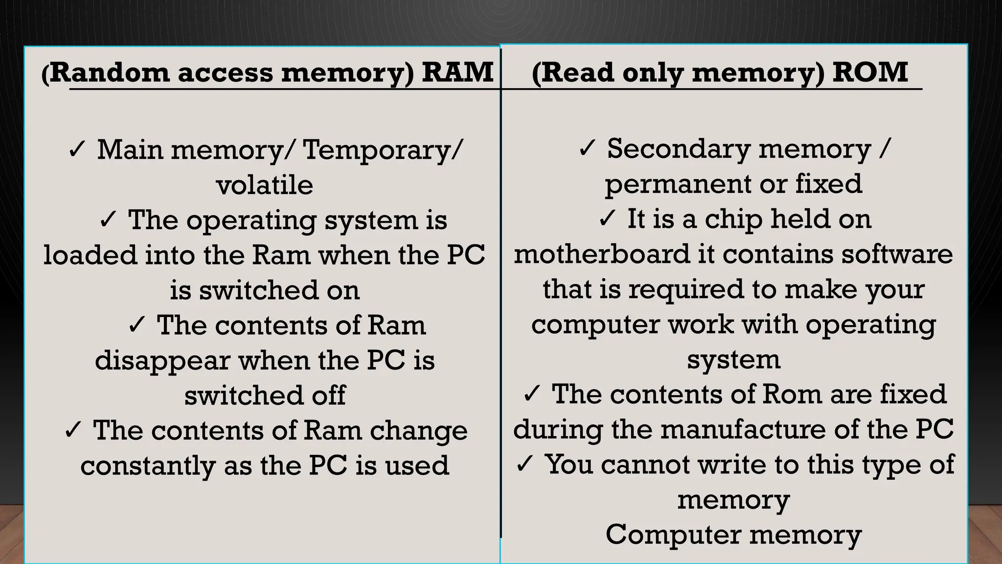 ✓ Main memory/ Temporary/
volatile
✓ The operating system is
loaded into the Ram when the PC
is switched on
✓ The contents of Ram
disappear when the PC is
switched off
✓ The contents of Ram change
constantly as the PC is used
✓ Secondary memory /
permanent or fixed
✓ It is a chip held on
motherboard it contains software
that is required to make your
computer work with operating
system
✓ The contents of Rom are fixed
during the manufacture of the PC
✓ You cannot write to this type of
memory
Computer memory
(Random access memory) RAM (Read only memory) ROM
 