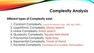 Complexity Analysis
Different types of Complexity exist:
1. Constant Complexity, Lookup an arbitrary index , A[0], A[6], A[99],…
2. Logarithmic Complexity, binary search
3. Linear Complexity, linear search
4. Quadratic Complexity, Square NxN Matrix
5. Polynomial Complexity, triple loop
6. Exponential Complexity, Tower of Hanoi
7. Factorial Complexity, Factorials of a number, Permutation.
 