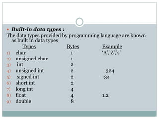  Built-in data types :
The data types provided by programming language are known
as built in data types
Types Bytes Example
1) char 1 ‘A’,’Z’,’s’
2) unsigned char 1
3) int 2
4) unsigned int 2 324
5) signed int 2 -34
6) short int 2
7) long int 4
8) float 4 1.2
9) double 8
 