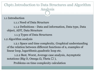 Chpt1.Introduction to Data Structures and Algorithm
Analysis
1.1 Introduction
1.1.1 Need of Data Structure
1.1.2 Definitions - Data and information, Data type, Data
object, ADT, Data Structure
1.1.3 Types of Data Structures
1.2 Algorithm analysis
1.2.1 Space and time complexity, Graphical understanding
of the relation between different functions of n, examples of
linear loop, logarithmic,quadratic loop etc.
1.2.2 Best, Worst, Average case analysis, Asymptotic
notations (Big O, Omega Ω, Theta ),
Problems on time complexity calculation
 