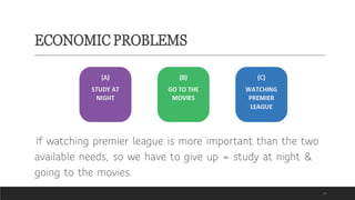 ECONOMIC PROBLEMS
24
If watching premier league is more important than the two
available needs, so we have to give up = study at night &
going to the movies.
 