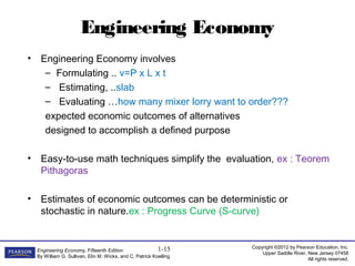 Copyright ©2012 by Pearson Education, Inc.
Upper Saddle River, New Jersey 07458
All rights reserved.
Engineering Economy, Fifteenth Edition
By William G. Sullivan, Elin M. Wicks, and C. Patrick Koelling
1-15
Engineering Economy
• Engineering Economy involves
– Formulating .. v=P x L x t
– Estimating, ..slab
– Evaluating …how many mixer lorry want to order???
expected economic outcomes of alternatives
designed to accomplish a defined purpose
• Easy-to-use math techniques simplify the evaluation, ex : Teorem
Pithagoras
• Estimates of economic outcomes can be deterministic or
stochastic in nature.ex : Progress Curve (S-curve)
 