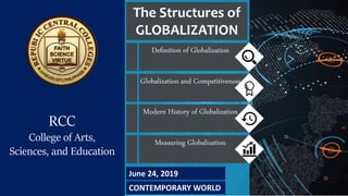 RCC
College of Arts,
Sciences, and Education
The Structures of
GLOBALIZATION
June 24, 2019
Definition of Globalization
Globalization and Competitiveness
Modern History of Globalization
Measuring Globalization
CONTEMPORARY WORLD
 
