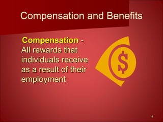 1414
Compensation and Benefits
CompensationCompensation --
All rewards thatAll rewards that
individuals receiveindividuals receive
as a result of theiras a result of their
employmentemployment
 