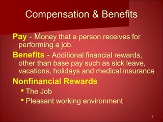 1515
Compensation & Benefits
Pay - Money that a person receives for
performing a job
Benefits - Additional financial rewards,
other than base pay such as sick leave,
vacations, holidays and medical insurance
Nonfinancial Rewards
 The Job
 Pleasant working environment
 