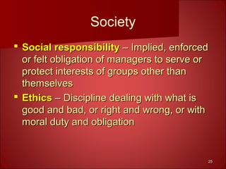 2525
Society
 Social responsibilitySocial responsibility – Implied, enforced– Implied, enforced
or felt obligation of managers to serve oror felt obligation of managers to serve or
protect interests of groups other thanprotect interests of groups other than
themselvesthemselves
 EthicsEthics –– Discipline dealing with what isDiscipline dealing with what is
good and bad, or right and wrong, or withgood and bad, or right and wrong, or with
moral duty and obligationmoral duty and obligation
 