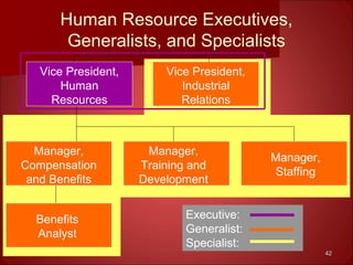 4242
Human Resource Executives,
Generalists, and Specialists
Vice President,
Human
Resources
Vice President,
Industrial
Relations
Manager,
Compensation
and Benefits
Manager,
Staffing
Manager,
Training and
Development
Benefits
Analyst
Executive:
Generalist:
Specialist:
 