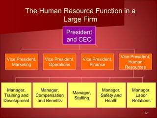 5252
The Human Resource Function in a
Large Firm
President
and CEO
Vice President,
Marketing
Vice President,
Operations
Vice President,
Finance
Vice President,
Human
Resources
Manager,
Training and
Development
Manager,
Compensation
and Benefits
Manager,
Staffing
Manager,
Safety and
Health
Manager,
Labor
Relations
 