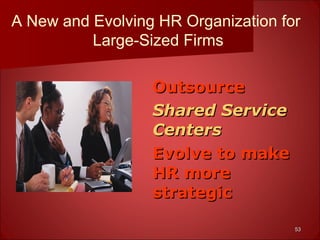 5353
A New and Evolving HR Organization for
Large-Sized Firms
OutsourceOutsource
Shared ServiceShared Service
CentersCenters
Evolve to makeEvolve to make
HR moreHR more
strategicstrategic
 