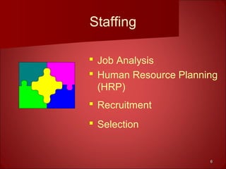 66
Staffing
 Job Analysis
 Human Resource Planning
(HRP)
 Recruitment
 Selection
 