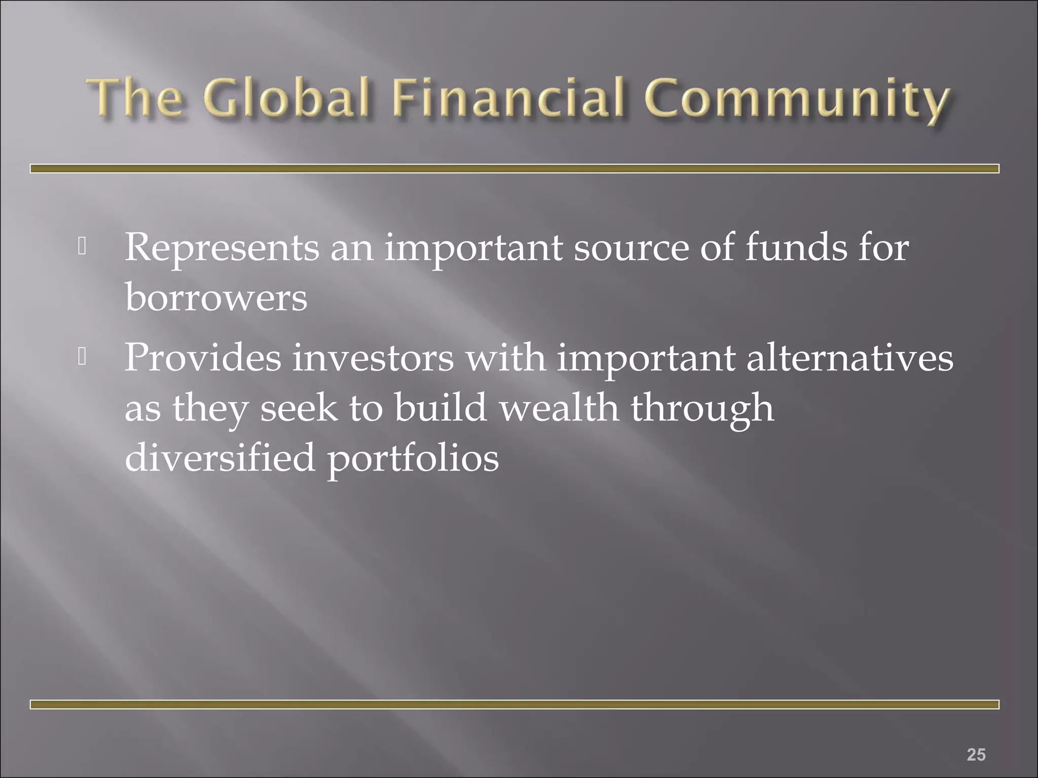 



Represents an important source of funds for
borrowers
Provides investors with important alternatives
as they seek to build wealth through
diversified portfolios

25

 
