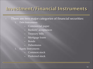 

There are two major categories of financial securities:
1.

Debt Instruments

–
–
–
–
–
–
1.

Commercial paper
Bankers’ acceptances
Treasury bills
Mortgage loans
Bonds
Debentures

Equity Instruments

–
–

Common stock
Preferred stock

12

 