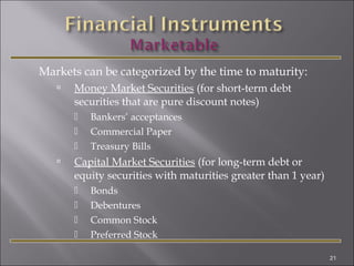 Markets can be categorized by the time to maturity:


Money Market Securities (for short-term debt
securities that are pure discount notes)






Bankers’ acceptances
Commercial Paper
Treasury Bills

Capital Market Securities (for long-term debt or
equity securities with maturities greater than 1 year)





Bonds
Debentures
Common Stock
Preferred Stock
21

 
