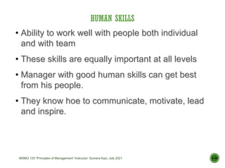 HUMAN SKILLS
1–14
• Ability to work well with people both individual
and with team
• These skills are equally important at all levels
• Manager with good human skills can get best
from his people.
• They know hoe to communicate, motivate, lead
and inspire.
MSMG 125 “Principles of Management” Instructor: Sumera Kazi, July 2021
 