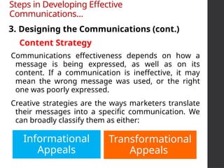Communications effectiveness depends on how a
message is being expressed, as well as on its
content. If a communication is ineffective, it may
mean the wrong message was used, or the right
one was poorly expressed.
Creative strategies are the ways marketers translate
their messages into a specific communication. We
can broadly classify them as either:
Informational
Appeals
Transformational
Appeals
3. Designing the Communications (cont.)
Steps in Developing Effective
Communications…
Content Strategy
 
