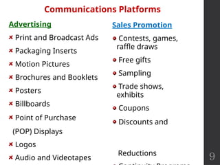 9
Communications Platforms
Advertising
Print and Broadcast Ads
Packaging Inserts
Motion Pictures
Brochures and Booklets
Posters
Billboards
Point of Purchase
(POP) Displays
Logos
Audio and Videotapes
Sales Promotion
Contests, games,
raffle draws
Free gifts
Sampling
Trade shows,
exhibits
Coupons
Discounts and
Reductions
 
