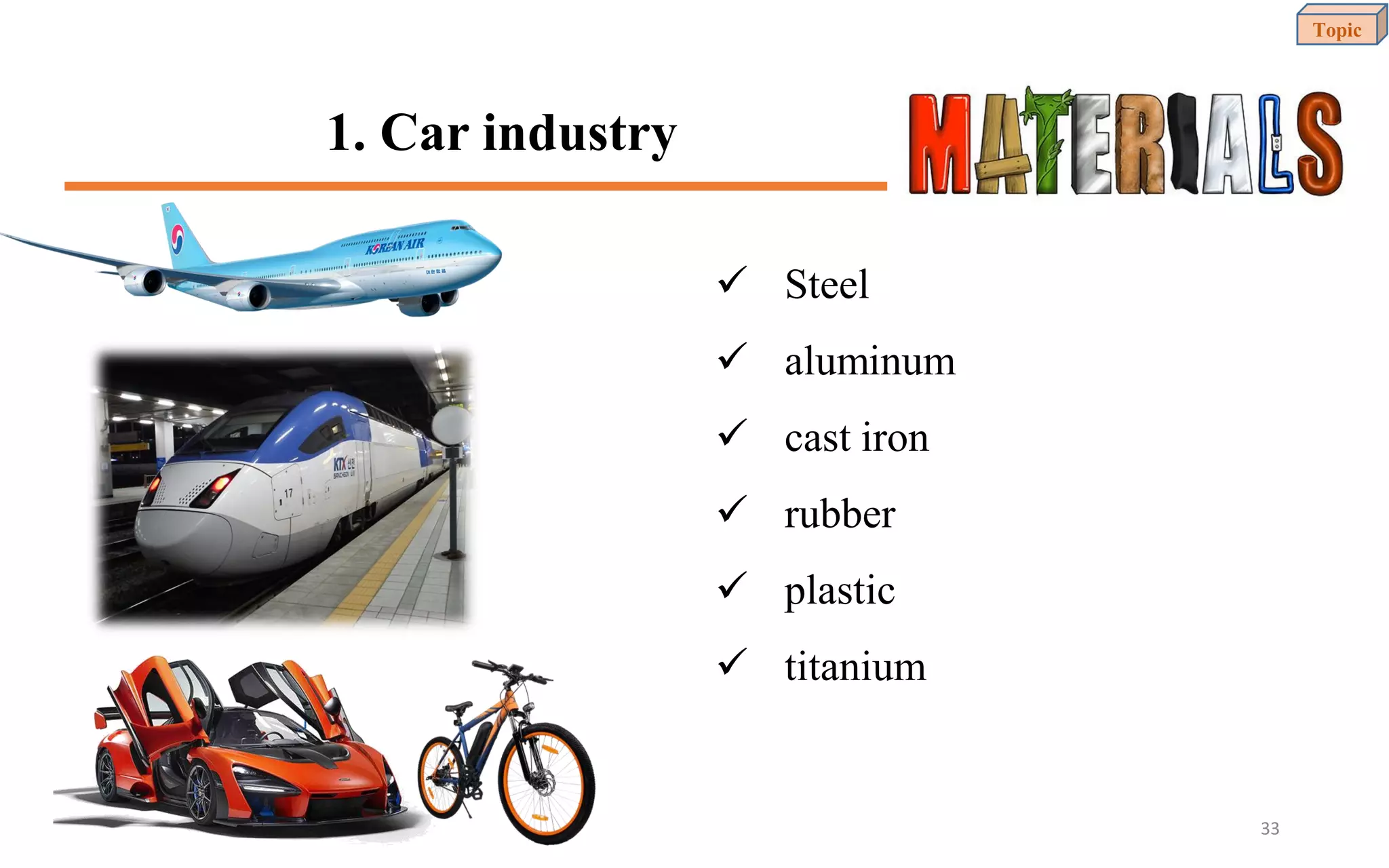 1. Car industry
✓ Steel
✓ aluminum
✓ cast iron
✓ rubber
✓ plastic
✓ titanium
Topic
33
 