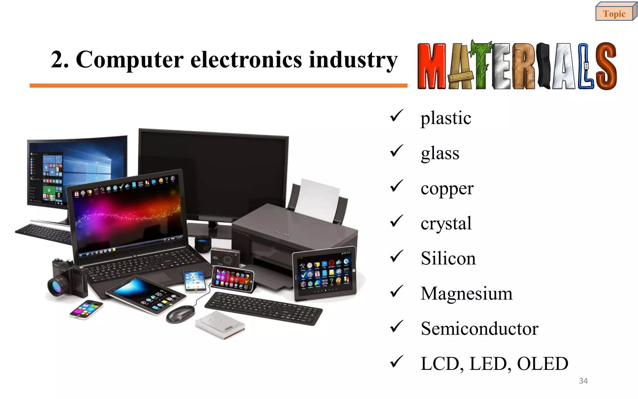 2. Computer electronics industry
✓ plastic
✓ glass
✓ copper
✓ crystal
✓ Silicon
✓ Magnesium
✓ Semiconductor
✓ LCD, LED, OLED
Topic
34
 