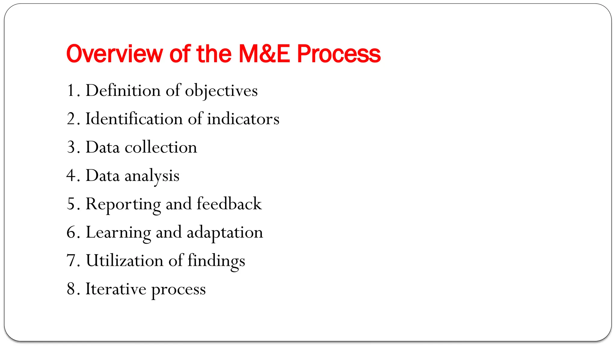 Overview of the M&E Process
1. Definition of objectives
2. Identification of indicators
3. Data collection
4. Data analysis
5. Reporting and feedback
6. Learning and adaptation
7. Utilization of findings
8. Iterative process
 