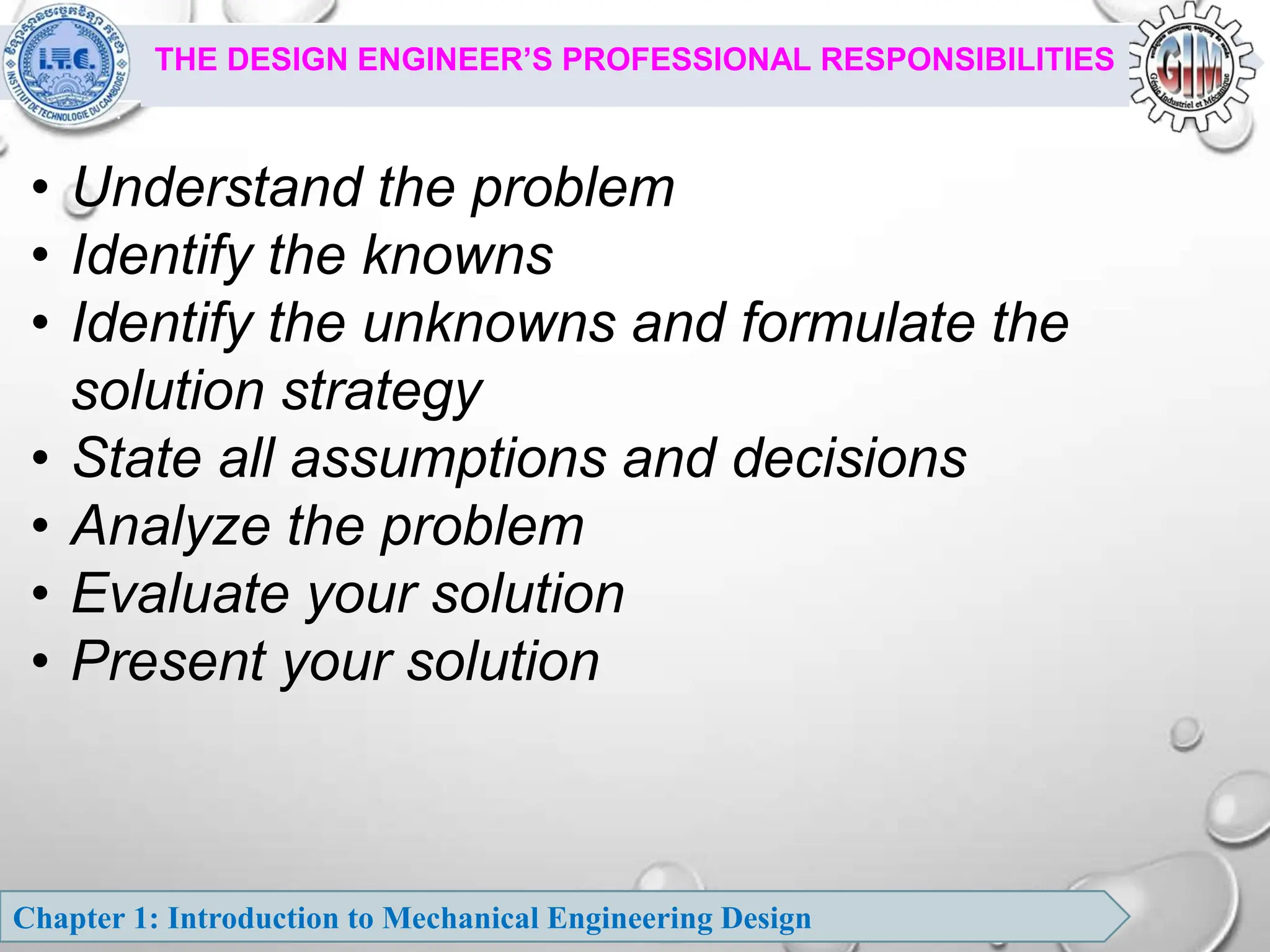 Chapter 1: Introduction to Mechanical Engineering Design
• Understand the problem
• Identify the knowns
• Identify the unknowns and formulate the
solution strategy
• State all assumptions and decisions
• Analyze the problem
• Evaluate your solution
• Present your solution
THE DESIGN ENGINEER’S PROFESSIONAL RESPONSIBILITIES
 