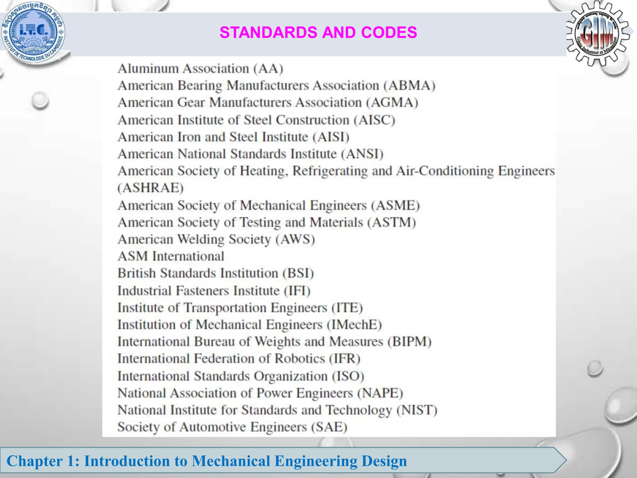 Chapter 1: Introduction to Mechanical Engineering Design
STANDARDS AND CODES
 